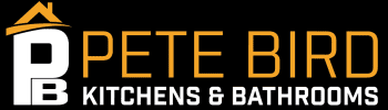 Logo for Pete Bird Kitchens & Bathrooms. The initials PB are styled with a house roof design above, highlighting their kitchen and bathroom showroom expertise. The company name is in bold orange and white text on a black background.