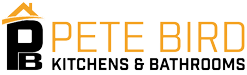 Logo for Pete Bird Kitchens & Bathrooms, featuring a black PB monogram with an orange roof outline above, highlighting their kitchen and bathroom showroom expertise. "Pete Bird" is in orange, with Kitchens & Bathrooms in black below.