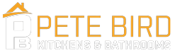 Logo for Pete Bird Kitchens & Bathrooms. The letters P and B are stylised with a house roof above, and PETE BIRD is written in bold orange text, with KITCHENS & BATHROOMS below in grey—perfect for your kitchen and bathroom showroom or installation needs.