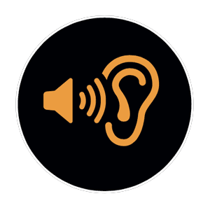 An orange ear and speaker icon with sound waves between them, set on a black circular background. The image suggests listening or audio—ideal for kitchen and bathroom showroom installation supply design concepts.