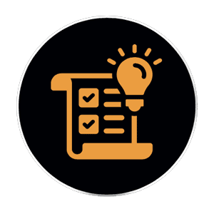 Orange icon on a black circle background showing a checklist with two tick marks and a light bulb above it, symbolising creative planning and ideas for kitchen and bathroom showroom design or installation supply tasks.