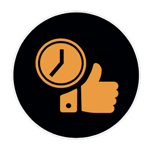 A circular black icon with an orange clock and a thumbs-up symbol, suggesting approval or efficiency in kitchen and bathroom showroom installation or design.
