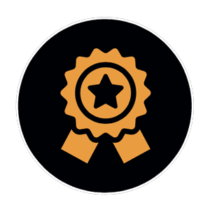 An orange award rosette with a star in the centre is displayed on a black circular background, representing excellence in kitchen and bathroom showroom installation and design.
