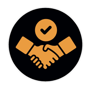 An orange icon of two hands shaking with a tick above them, all inside a black circle—perfect for representing trust in kitchen and bathroom showroom installation and design.