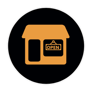 A black circle with a sign on it, representing kitchen and bathroom showroom installation and design.