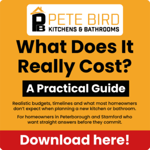 Advertisement for Pete Bird Kitchens & Bathrooms offering a practical guide on kitchen and bathroom costs, with a Download here! button at the bottom.