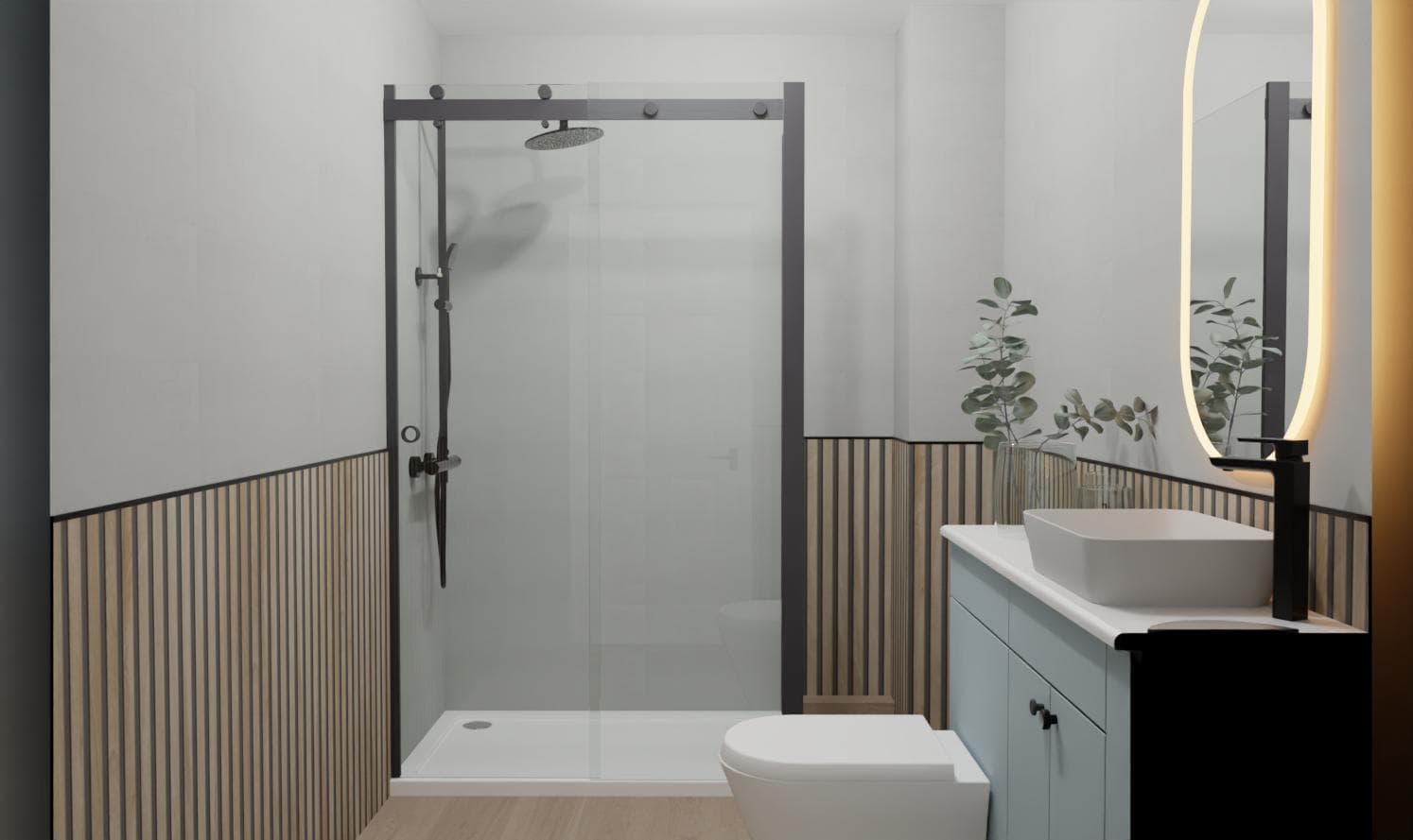 Modern bathroom with a glass shower enclosure, rainfall showerhead, freestanding basin with a mirror, and light wood vertical panel accents on the walls. A small plant decorates the sink counter.