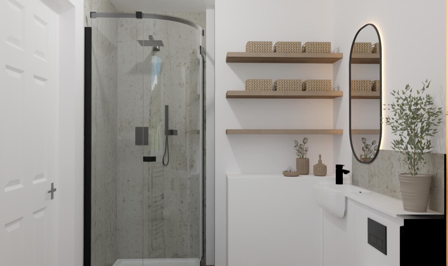 Modern bathroom with a glass-enclosed shower, two wooden shelves holding wicker baskets, an oval mirror above a white basin, and a potted plant on the worktop. The decor is minimalistic and neutral-toned.