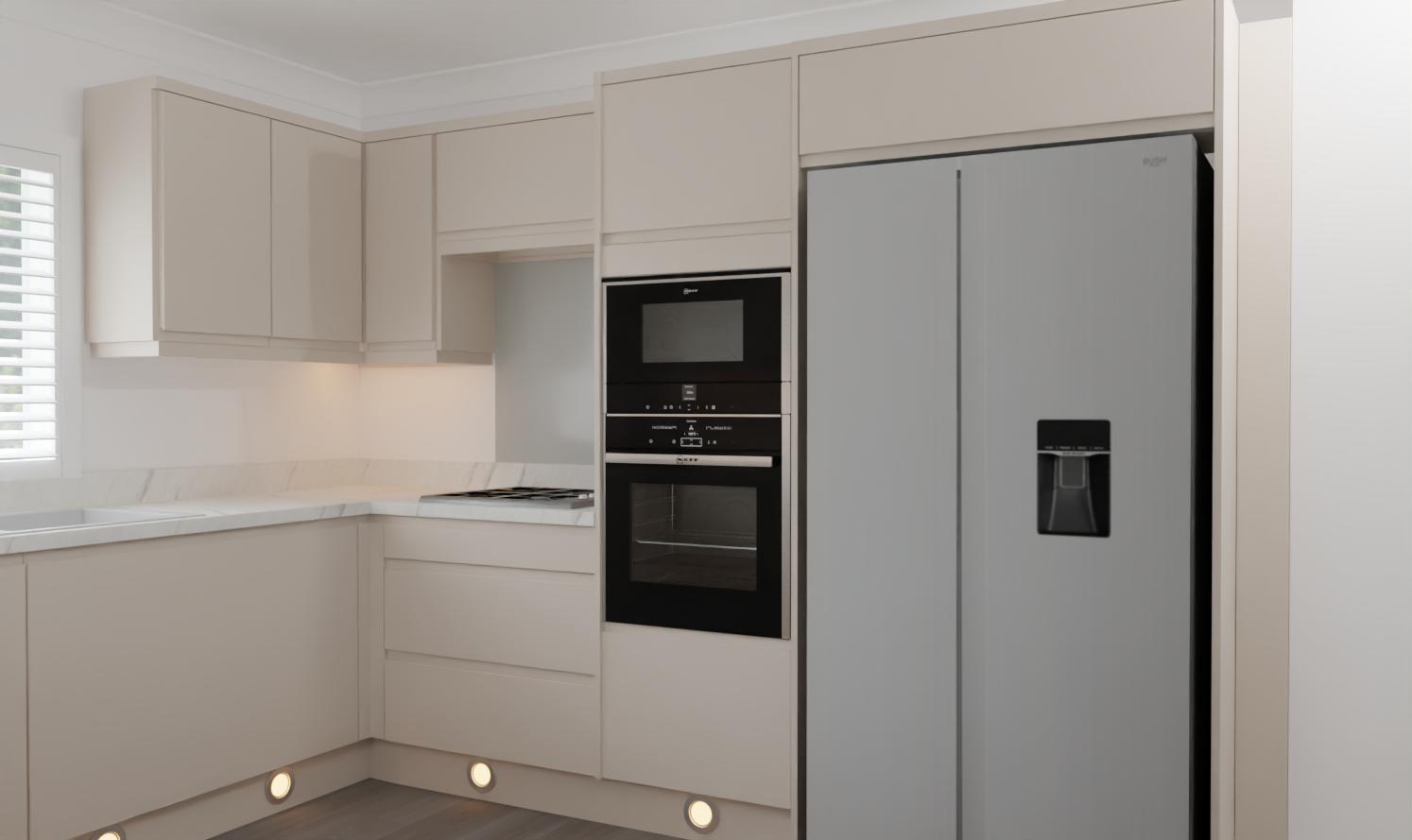 Modern kitchen with beige cupboards, built-in black oven and microwave, silver double-door fridge with water dispenser, marble worktops, and under-cupboard lighting.