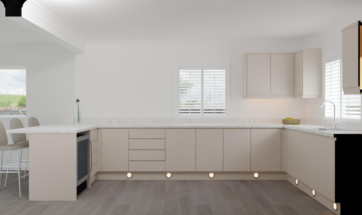 Modern kitchen with beige cupboards, white worktops, under-cupboard and skirting board lighting, a sink under the window, and a built-in oven. Bar stools are visible on the left side near the counter.