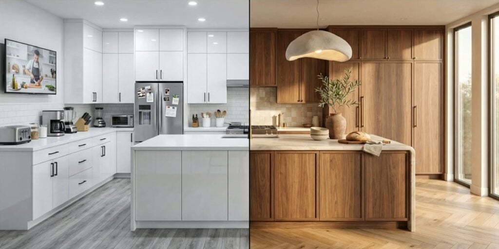 Split image showing two kitchens: the left side features a modern white kitchen with sleek cupboards; the right side has a warm wood kitchen with natural tones, wooden cupboards, and soft, natural lighting.