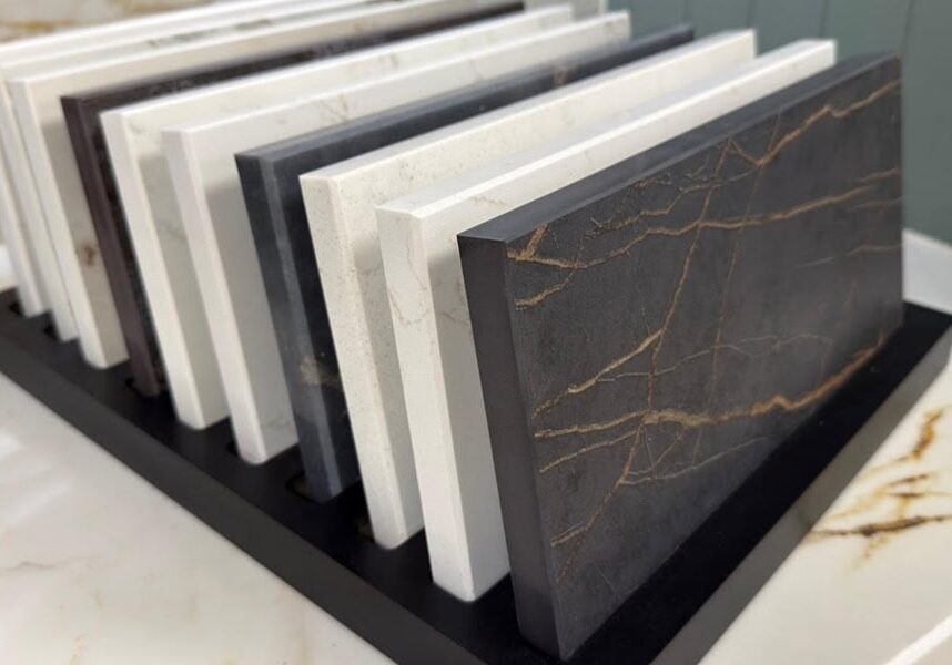 A display rack in a kitchen and bathroom showroom holds several large worktop samples in various colours and patterns, including white, black, and dark brown with gold veining, all arranged upright in a row.